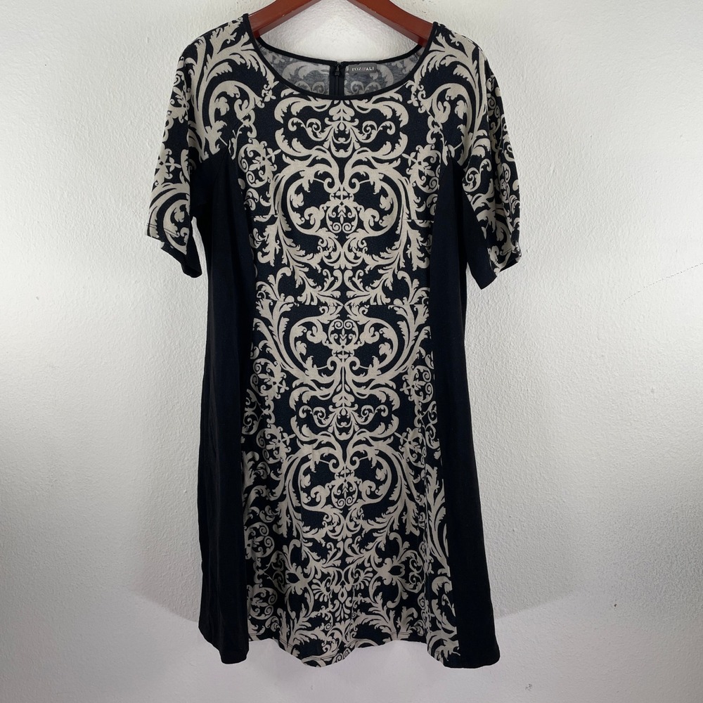 Roz & Ali Damask Scroll Print Shift Dress Black Cream Plus Size 18 Short Sleeve